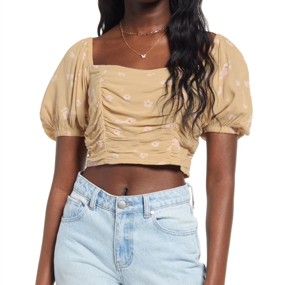 Nordstrom BP Tan Floral Print Puff Sleeve Ruched Crop Top